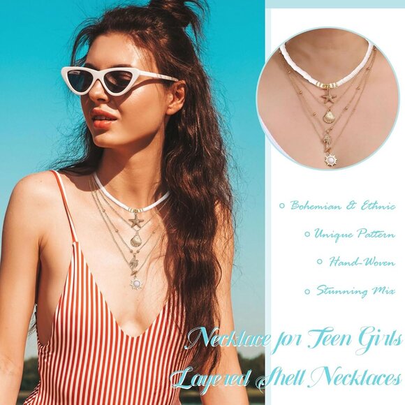 🆕 Women Gold Puka Shell Necklace Boho Layered Starfish Beaded Choker Jewelry - Picture 3 of 7